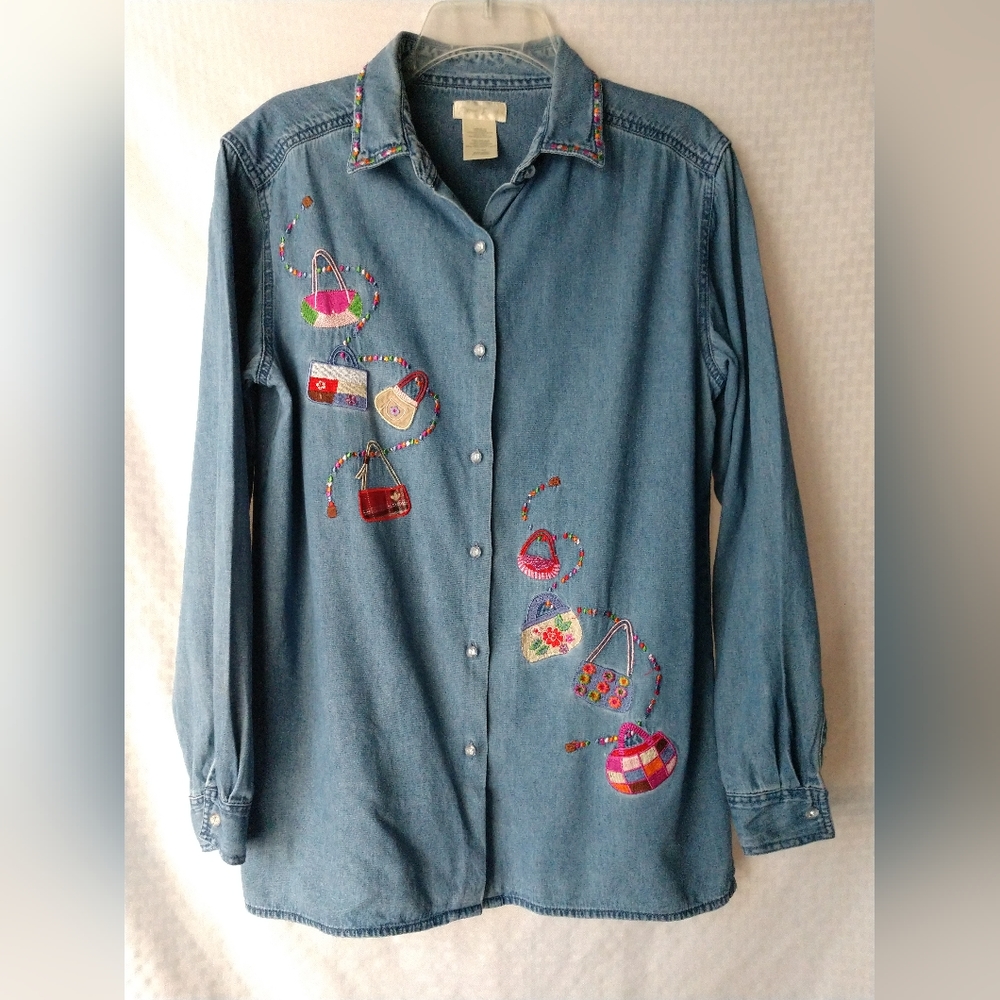Fun Vintage Embroidered Denim Shirt Purses Bobbie Brooks Size Small Chest 36"